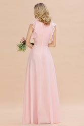 Simple Jewel Draped Sleeves Blushing Pink Bridesmaid Dress Online-27dress